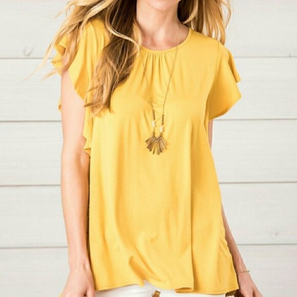 MATILDA JANE Bocce Ball Lace Accent Top Mustard Yellow Lace Back Short Sleeve M - Picture 4 of 16